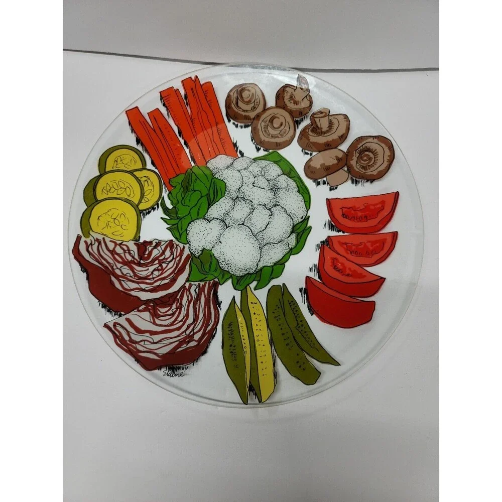 VINTAGE DOROTHY THORPE ELAINE PAINTED VEGETABLE GLASS ROUND PLATTER PLATE